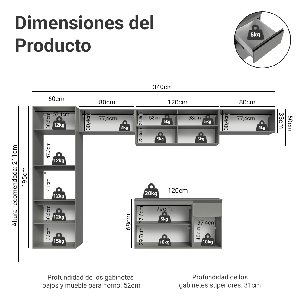 Cocina Integrale 340cm Suspendida Gris Nice Madesa 02