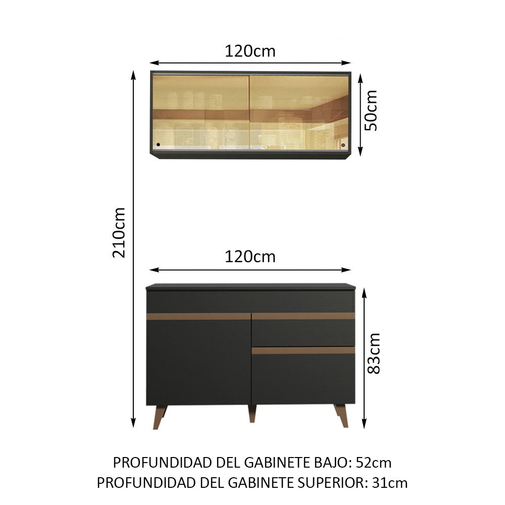 Cocina Compacta 120 x 52 cm 4 Puertas 1 Cajón Negro Reims Madesa
