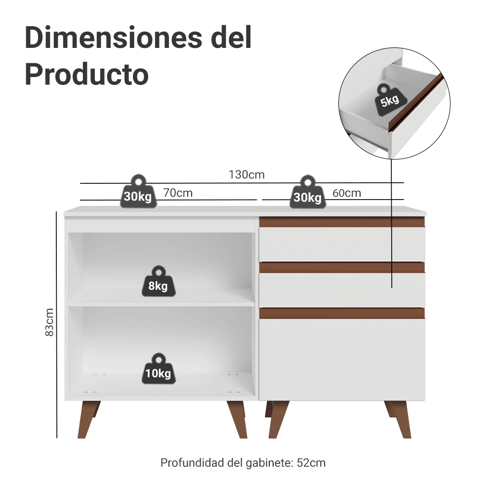 Kit 2 Gabinetes Bajos de Cocina 130 cm Blanco Reims Madesa