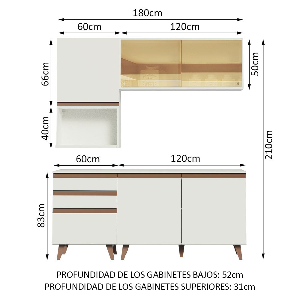 Cocina Compacta 180 x 52 cm 5 Puertas 3 Cajones Blanco Reims Madesa 01