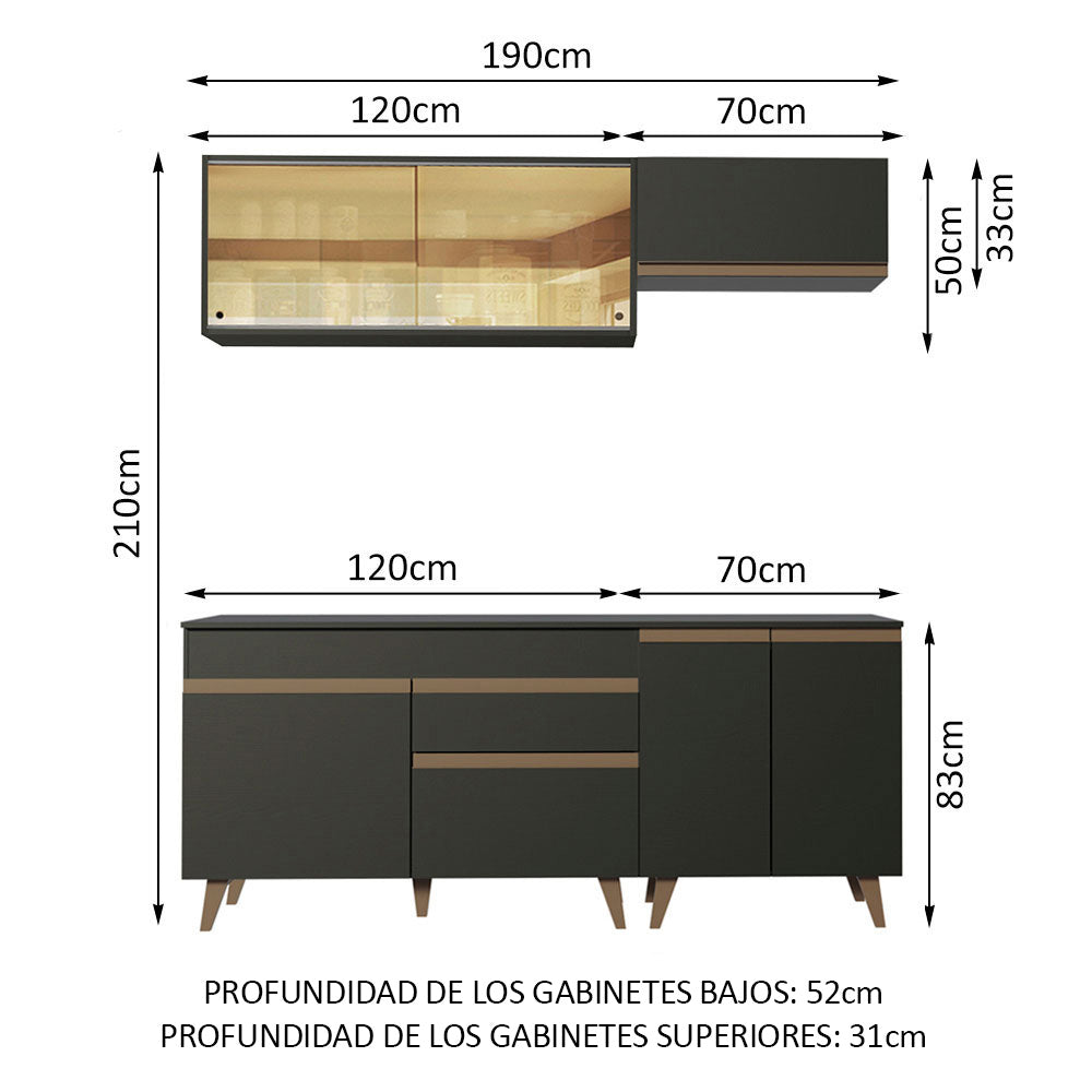 Cocina Compacta 190 x 52 cm 7 Puertas 1 Cajón Negro Reims Madesa
