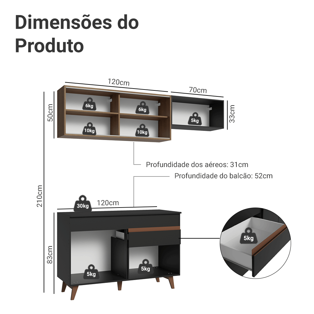Cocina Compacta 190cm Negro/Marrón Reims 05