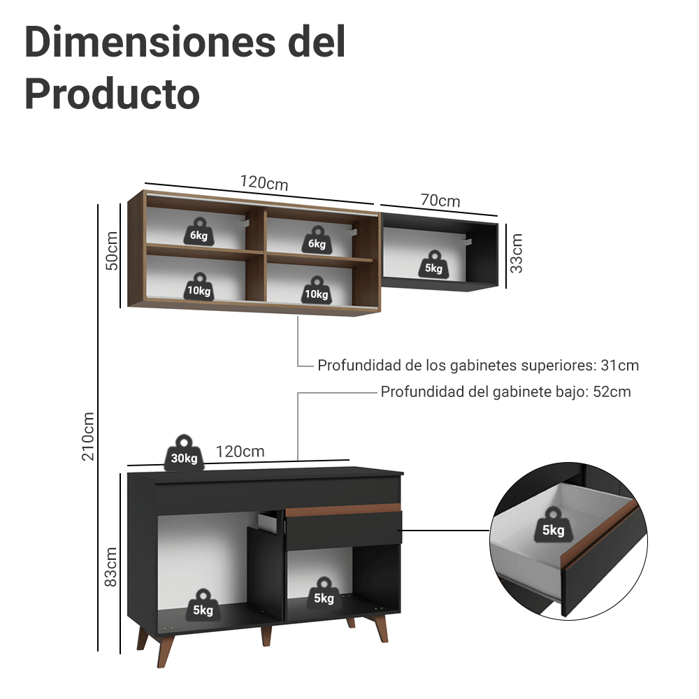 Cocina Compacta 190 x 52 cm 5 Puertas 1 Cajón Negro/Marrón Reims Madesa 05