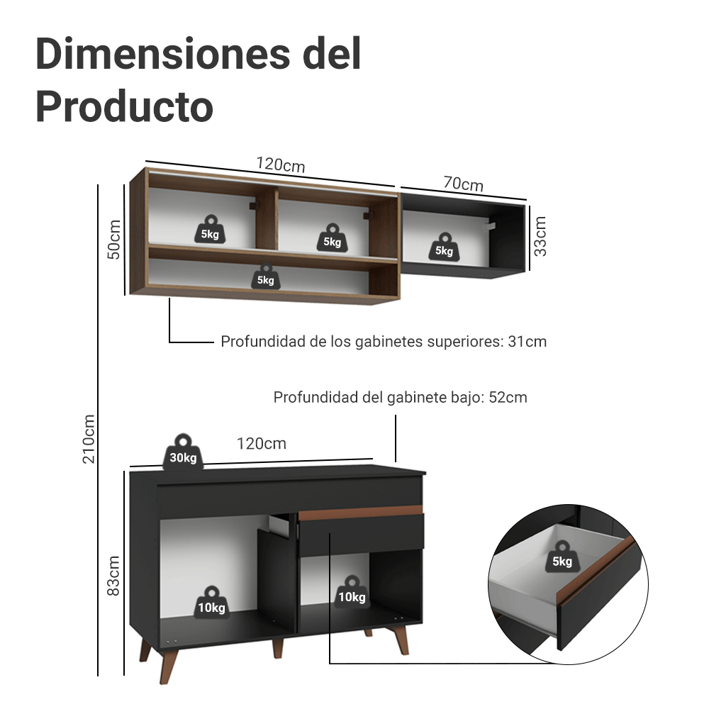 Cocina Integral 190cm Negro/Marrón Reims Madesa 06