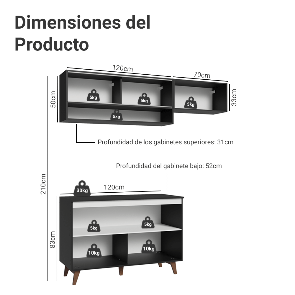 Cocina Compacta 190 x 52 cm 5 Puertas Negro Reims Madesa 07