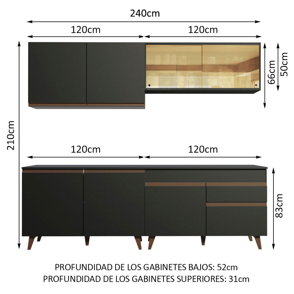 Cocina Integral 240 x 52 cm 8 Puertas 1 Cajón Negro Reims Madesa