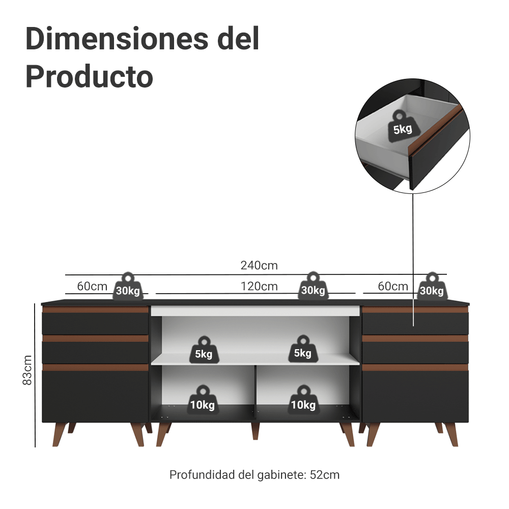 Kit 3 Gabinetes Bajos de Cocina 240 cm Negro Reims Madesa