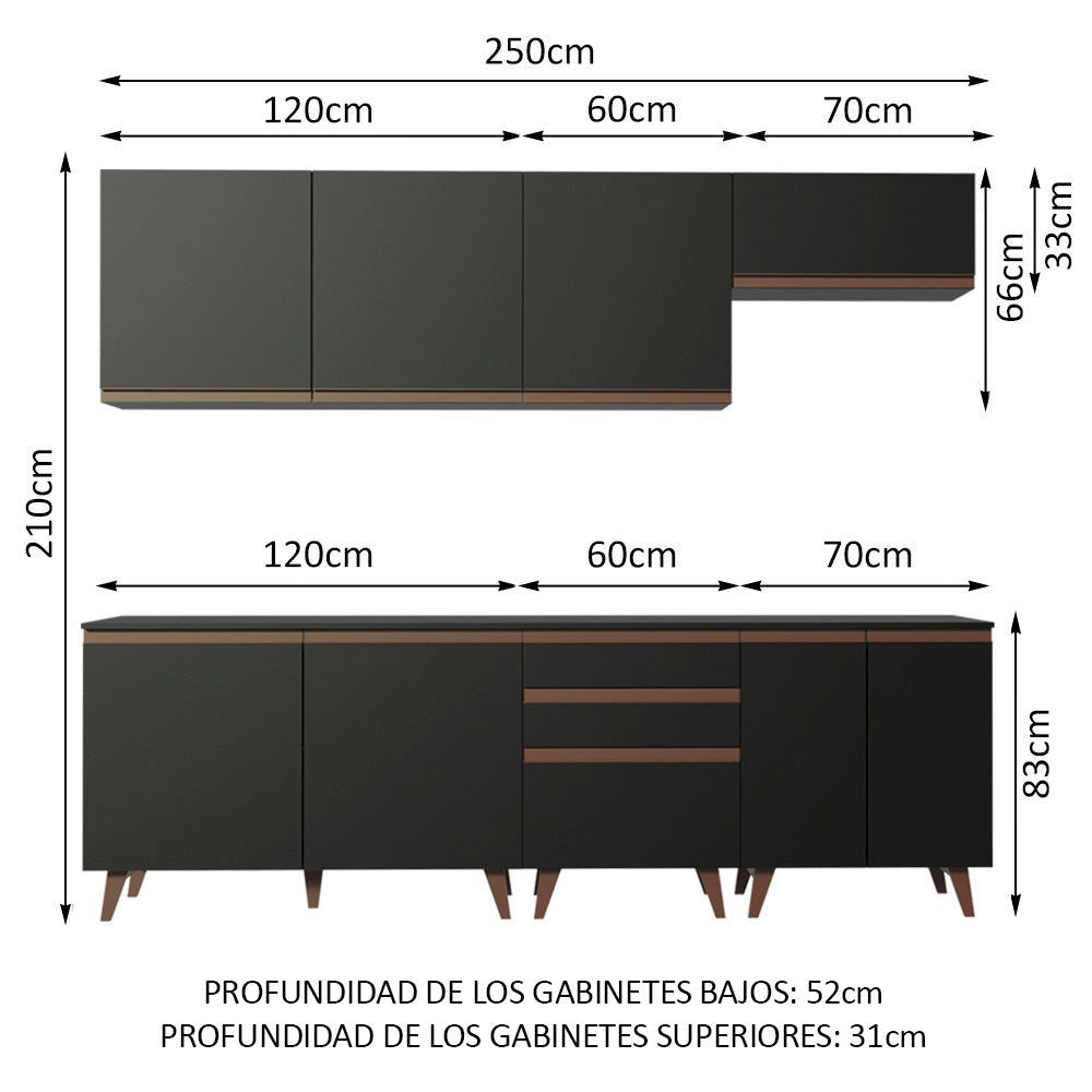 Cocina Integral 250 x 52 cm 8 Puertas 3 Cajones Negro Reims Madesa
