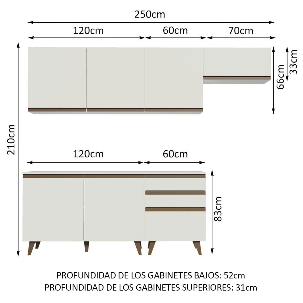 Cocina Integral 250 x 52 cm 6 Puertas 3 Cajones Blanco Reims Madesa 02