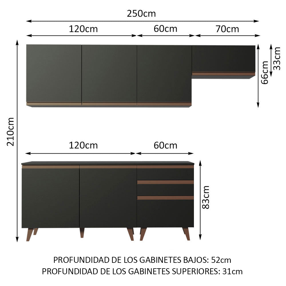 Cocina Integral 250 x 52 cm 6 Puertas 3 Cajones Negro Reims Madesa 02