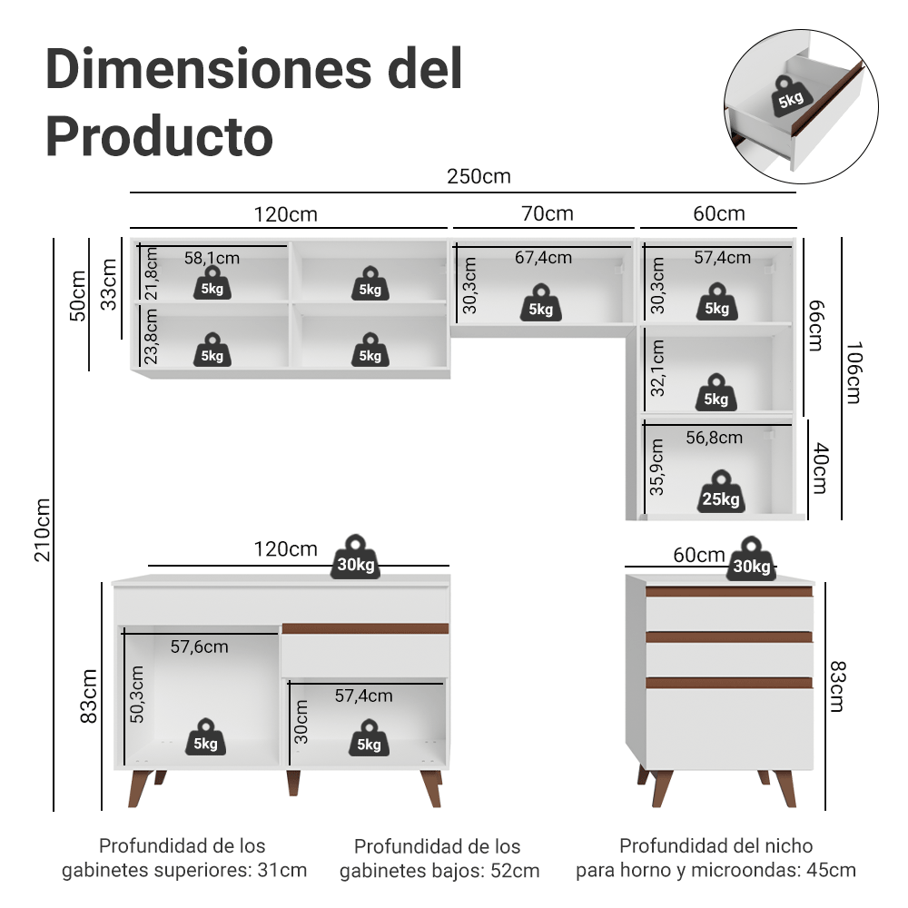 Cocina Integral 250 cm Blanco Reims Madesa