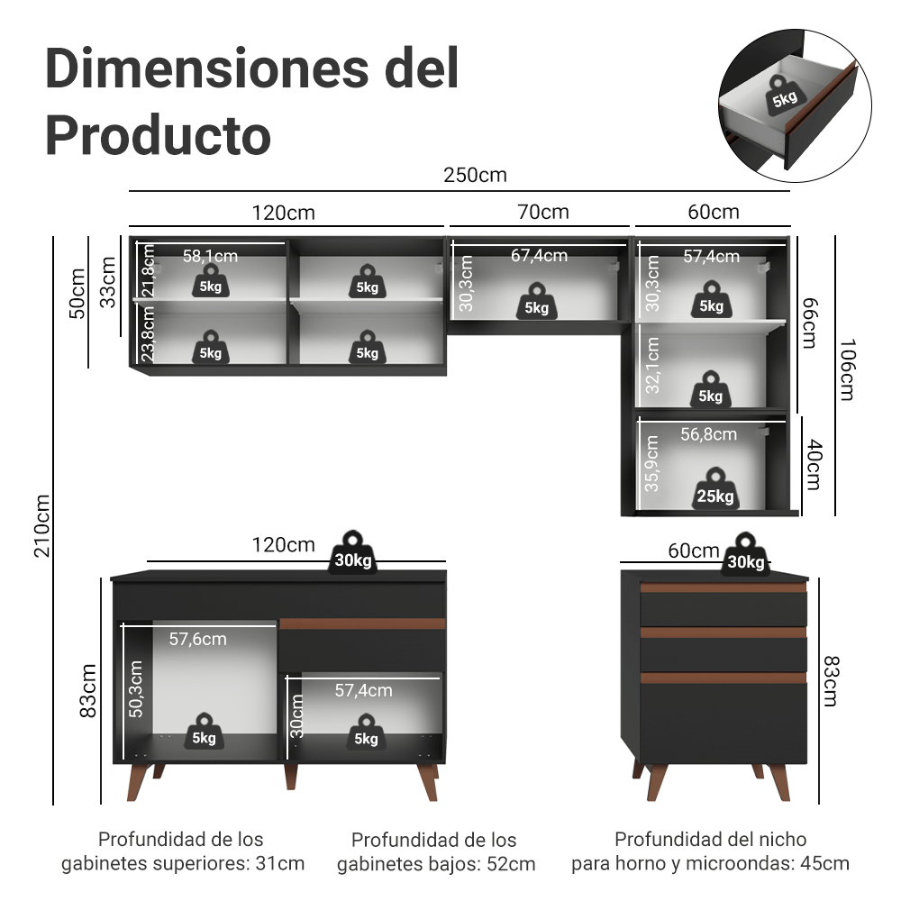 Cocina Integral 250 cm Negro Reims Madesa