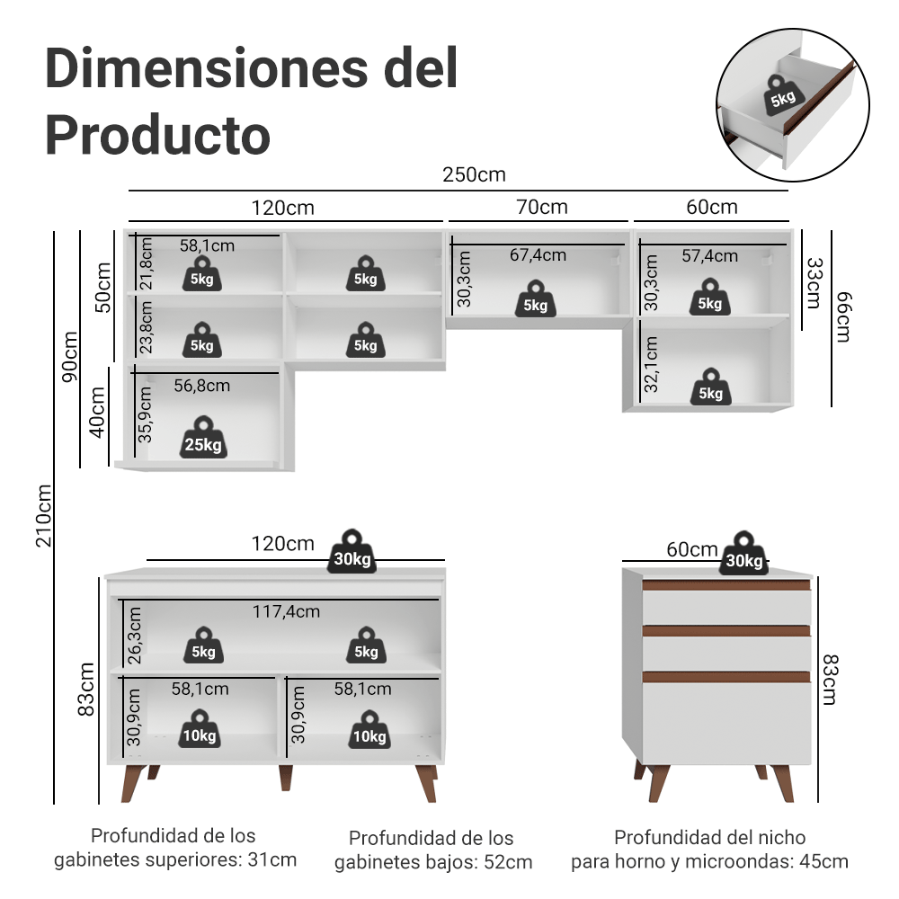 Cocina Integral 250 cm Blanco Reims Madesa