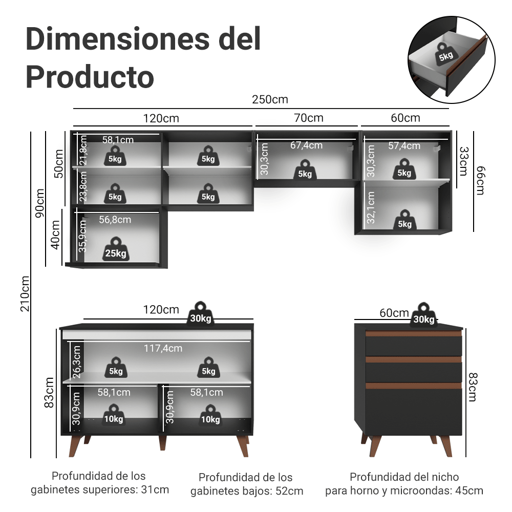 Cocina Integral 250 cm Negro Reims Madesa