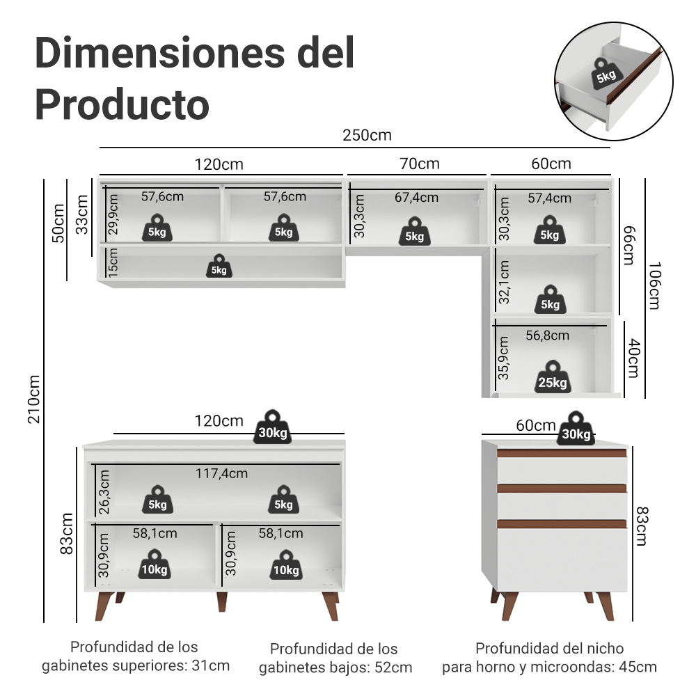 Cocina Integral 250 cm Blanco Reims Madesa