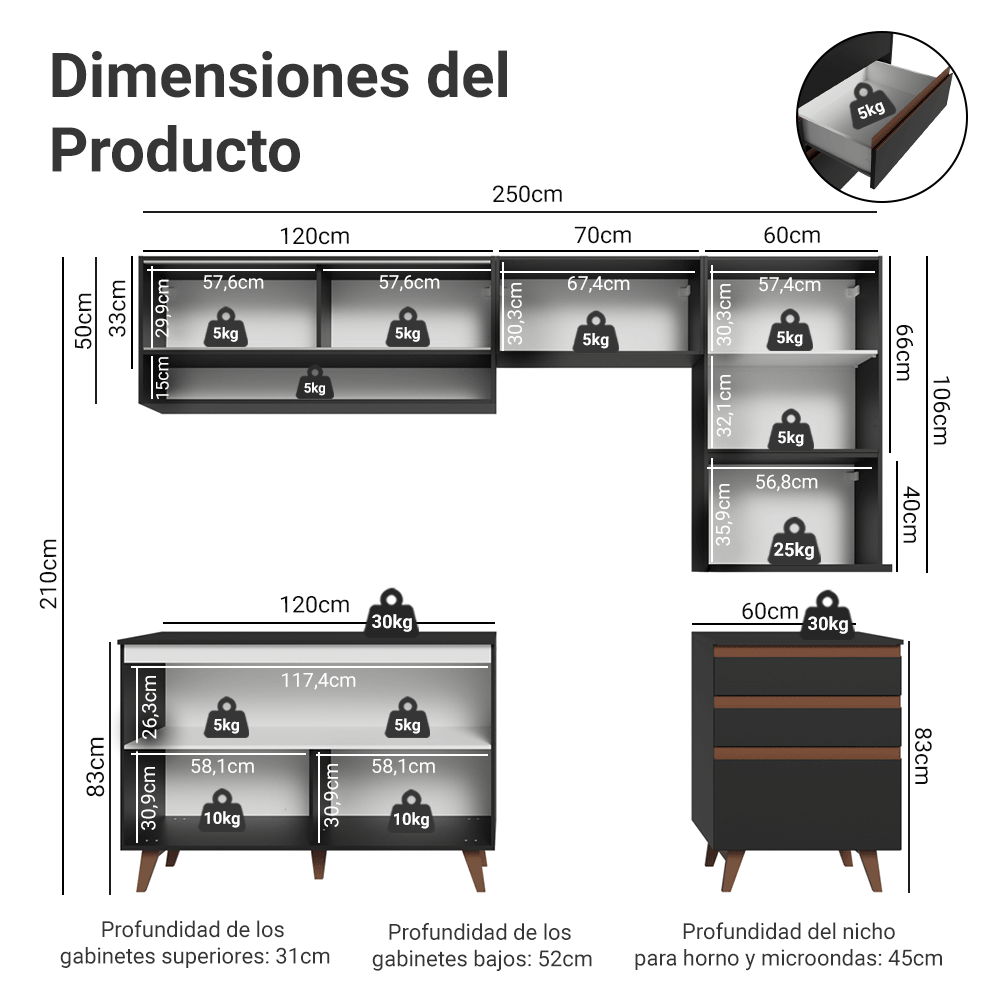 Cocina Integral 250 cm Negro Reims Madesa