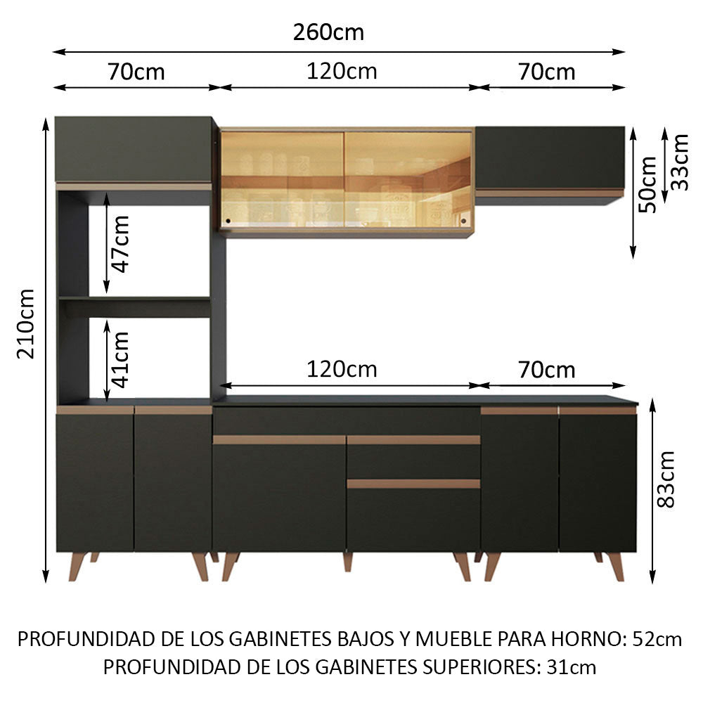 Cocina Integral 260 cm Con Mueble para Horno Negro/Marrón Reims Madesa
