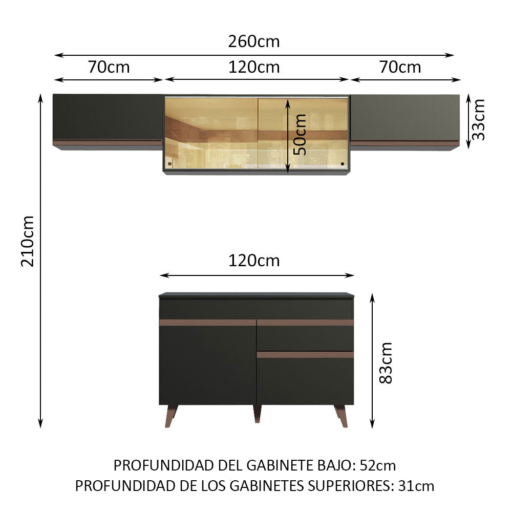 Cocina Integral 260 x 52 cm 6 Puertas 1 Cajón Negro Reims Madesa