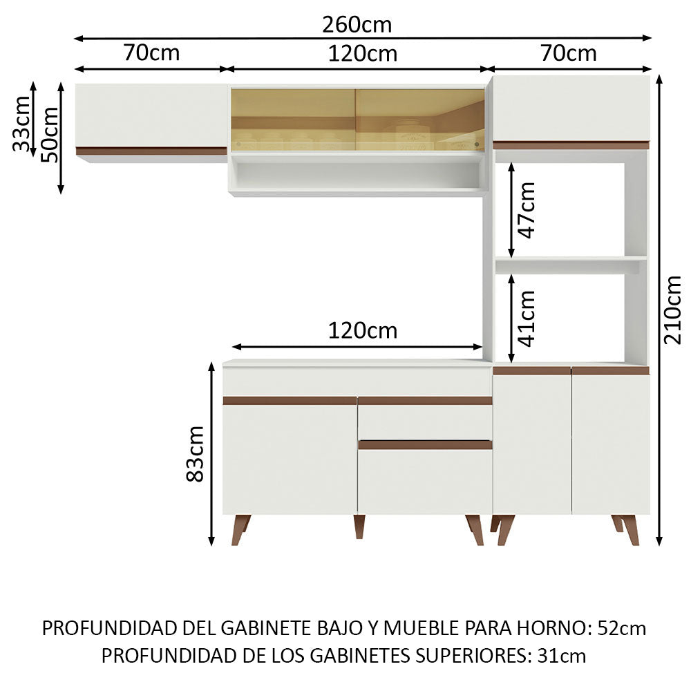 Cocina Integral 260 x 52 cm 8 Puertas 1 Cajón Con Mueble para Horno Blanco Reims Madesa 07