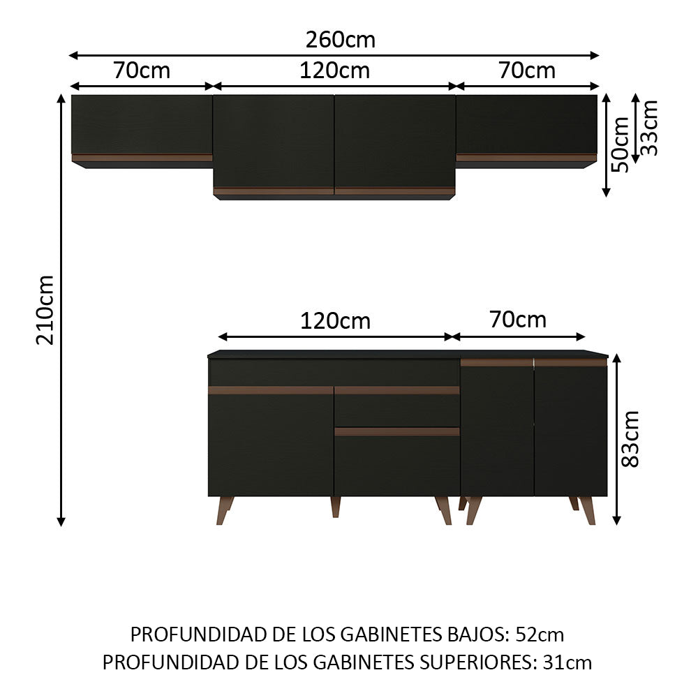 Cocina Integral 260 x 52 cm 8 Puertas 1 Cajón Negro Reims Madesa 10