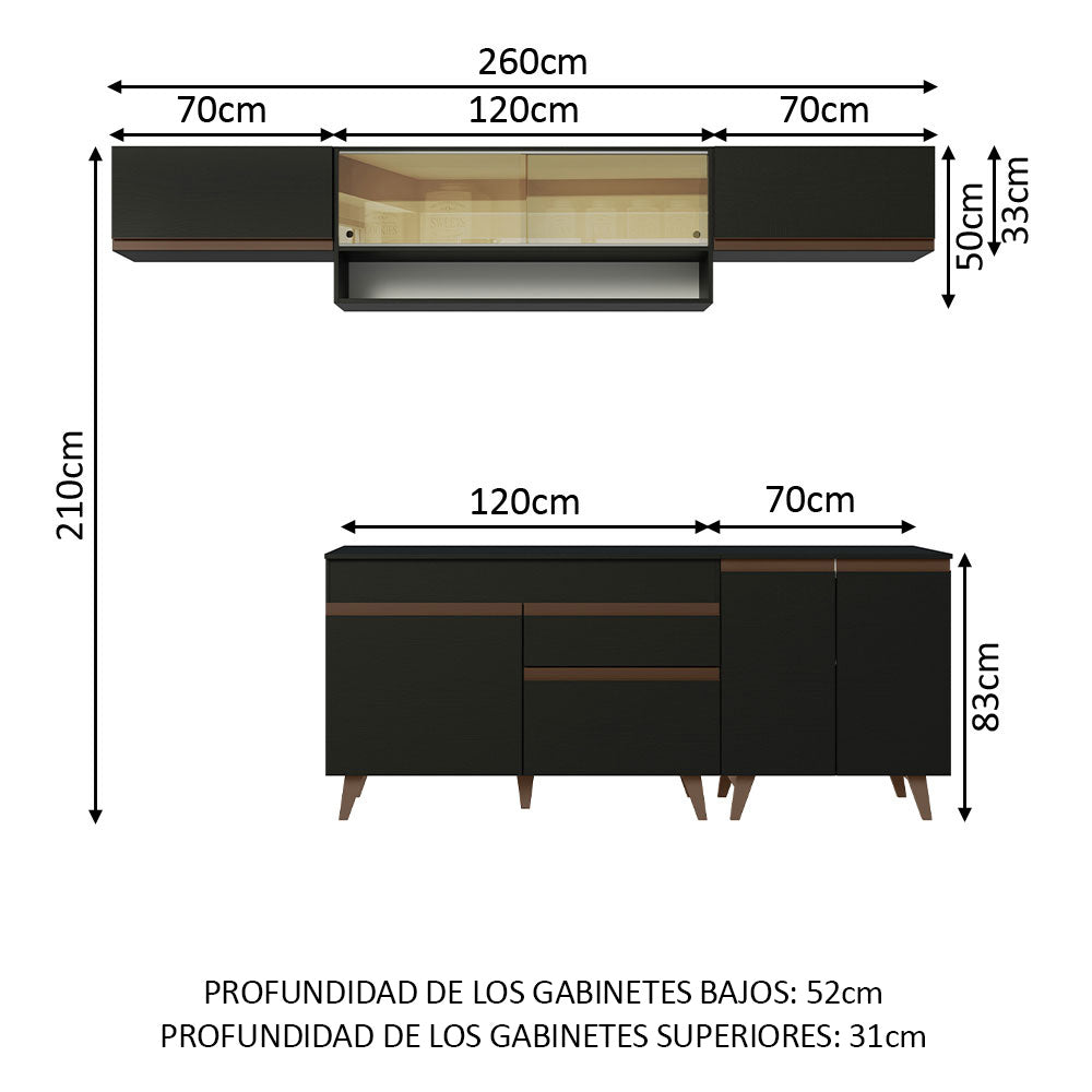 Cocina Integral 260 x 52 cm 8 Puertas 1 Cajón Negro Reims Madesa 11
