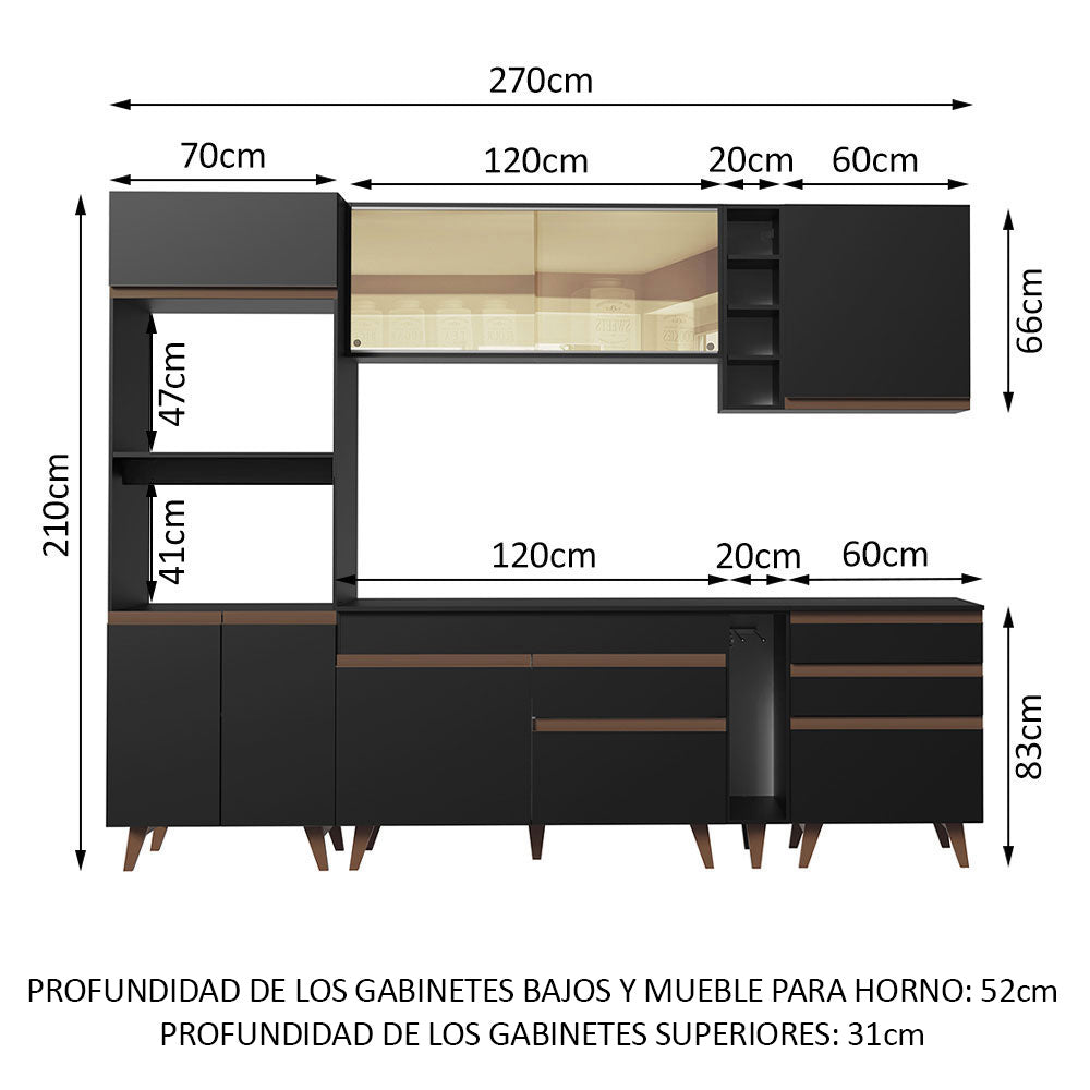 Cocina Integral 270 x 52 cm 8 Puertas 4 Cajones Con Mueble para Horno Negro Reims Madesa 01