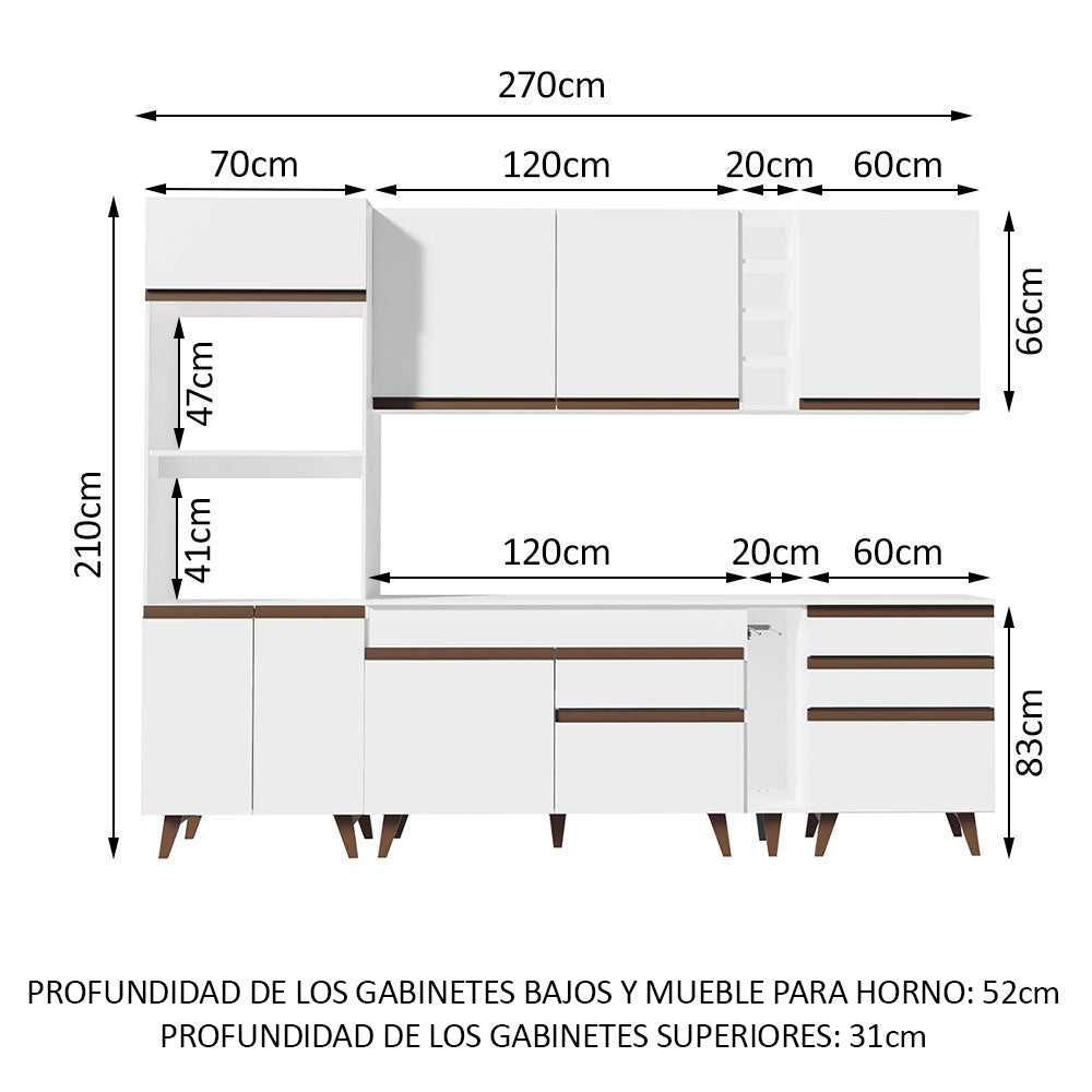 Cocina Integral 270 x 52 cm 8 Puertas 4 Cajones Con Mueble para Horno Blanco Reims Madesa 02