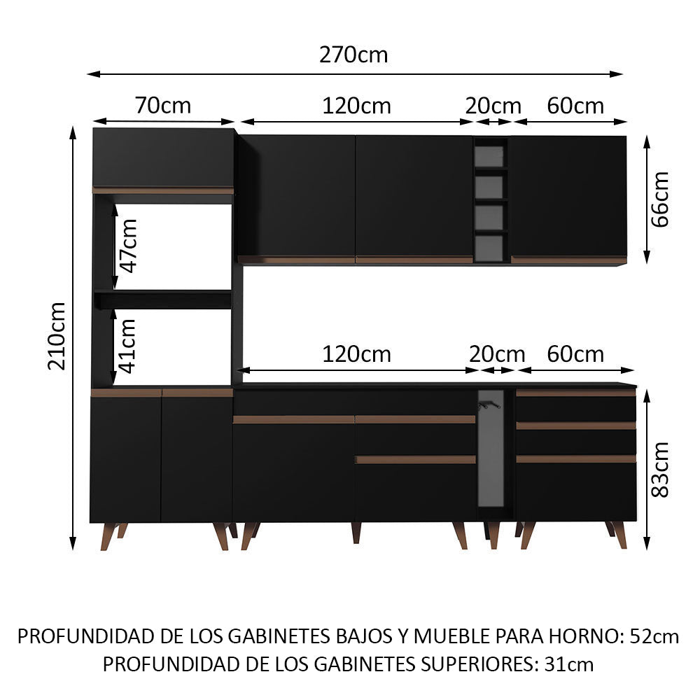 Cocina Integral 270 x 52 cm 8 Puertas 4 Cajones Con Mueble para Horno Negro Reims Madesa 02