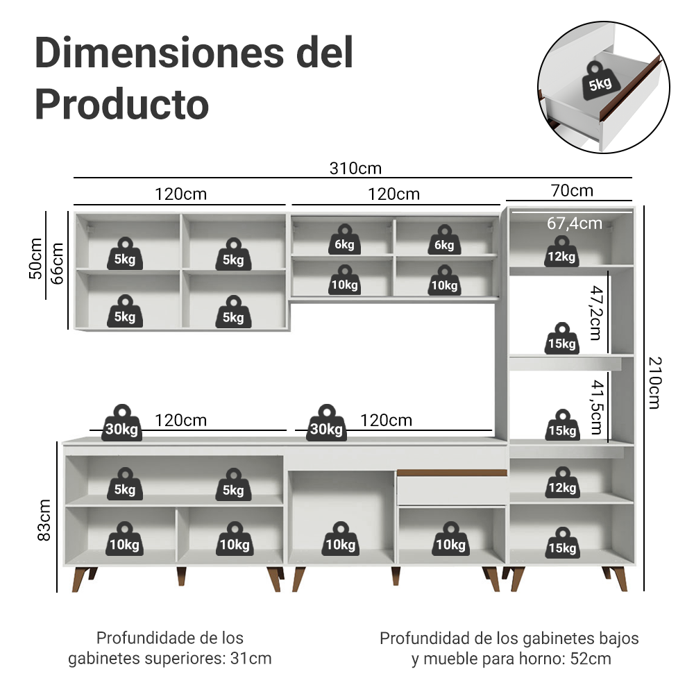 Cocina Integral 310 x 52 cm 11 Puertas 1 Cajón Con Mueble para Horno Blanco Reims Madesa