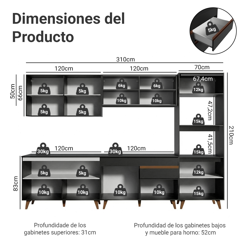 Cocina Integral 310 x 52 cm 11 Puertas 1 Cajón Con Mueble para Horno Negro Reims Madesa 01
