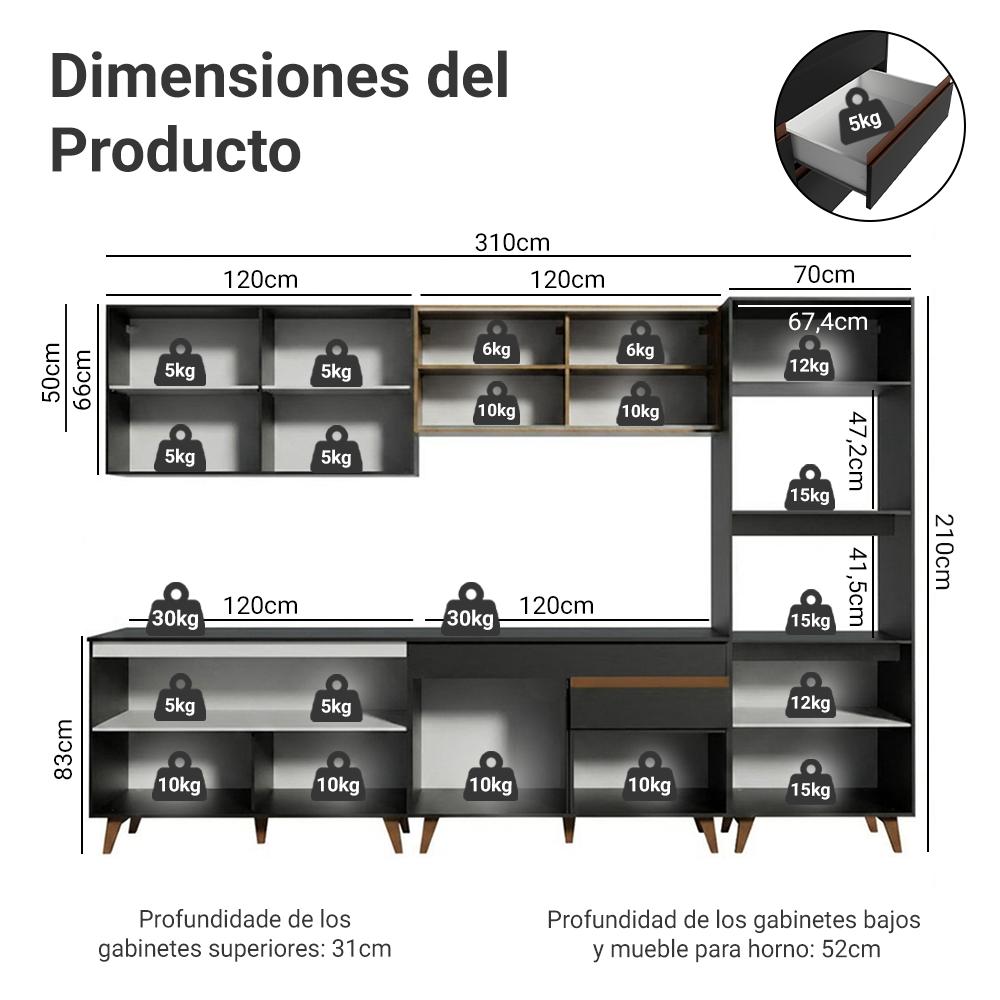 Cocina Integral 310 cm Con Mueble para Horno Negro/Marrón Reims Madesa