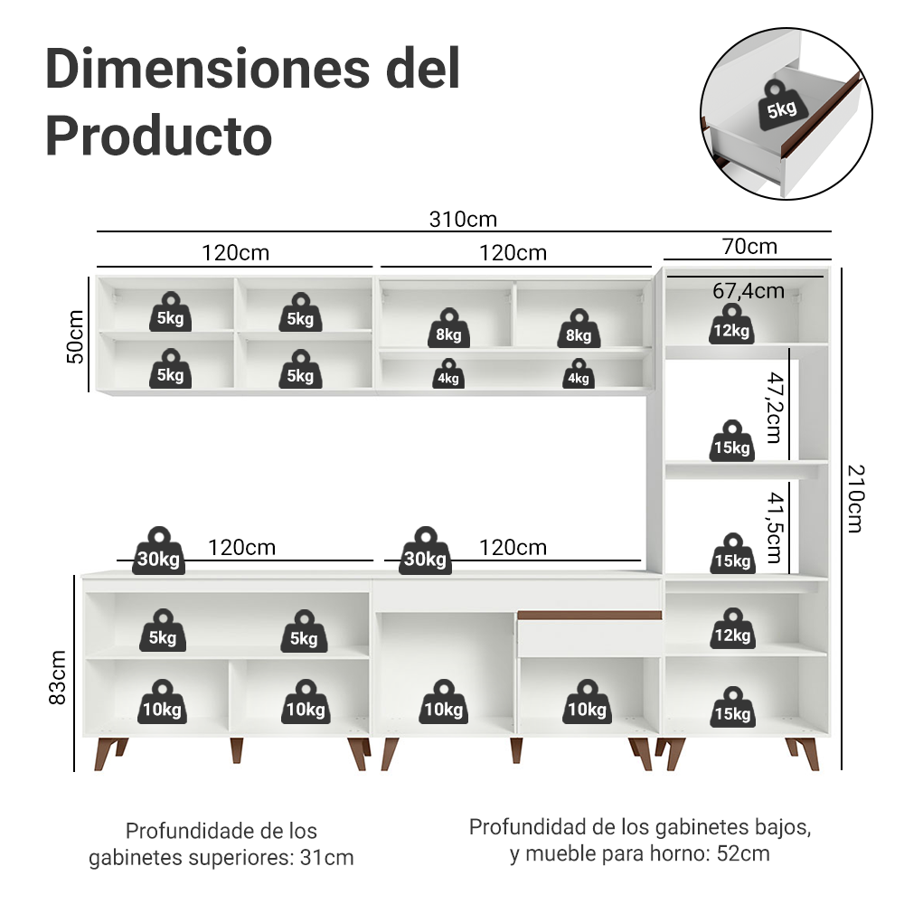 Cocina Integral 310 x 52 cm 11 Puertas 2 Cajones Con Mueble para Horno Blanco Reims Madesa