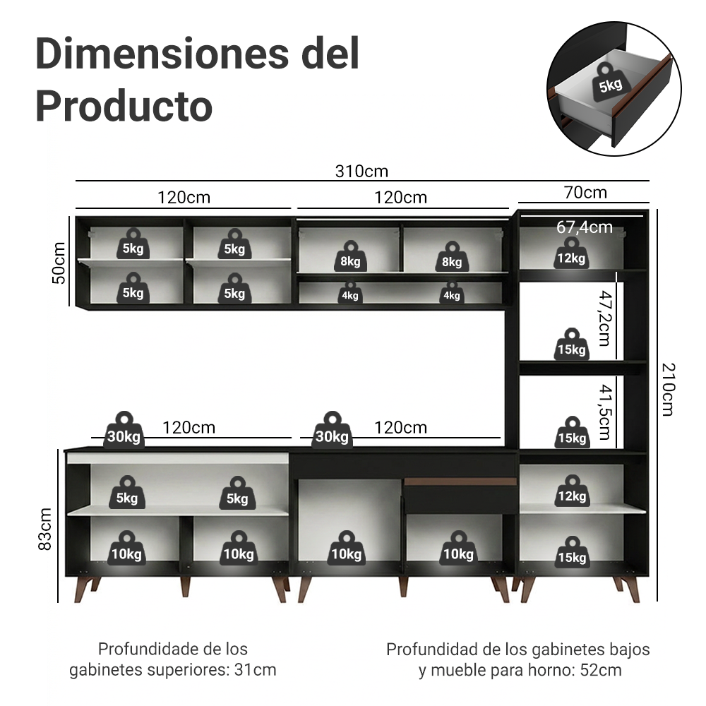 Cocina Integral 310 x 52 cm 11 Puertas 1 Cajón Con Mueble para Horno Negro Reims Madesa 02