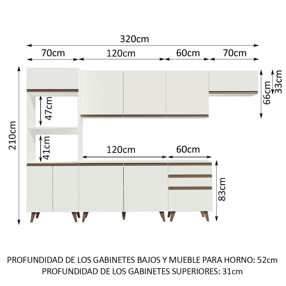 Cocina Integral 320 x 52 cm 9 Puertas 3 Cajones Con Mueble para Horno Blanco Reims Madesa