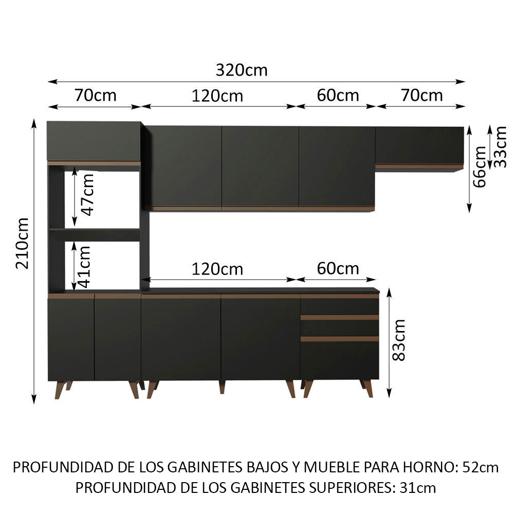 Cocina Integral 320 x 52 cm 9 Puertas 3 Cajones Con Mueble para Horno Negro Reims Madesa