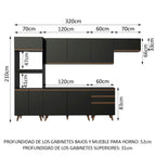 Cocina Integral 320 x 52 cm 9 Puertas 3 Cajones Con Mueble para Horno Negro Reims Madesa