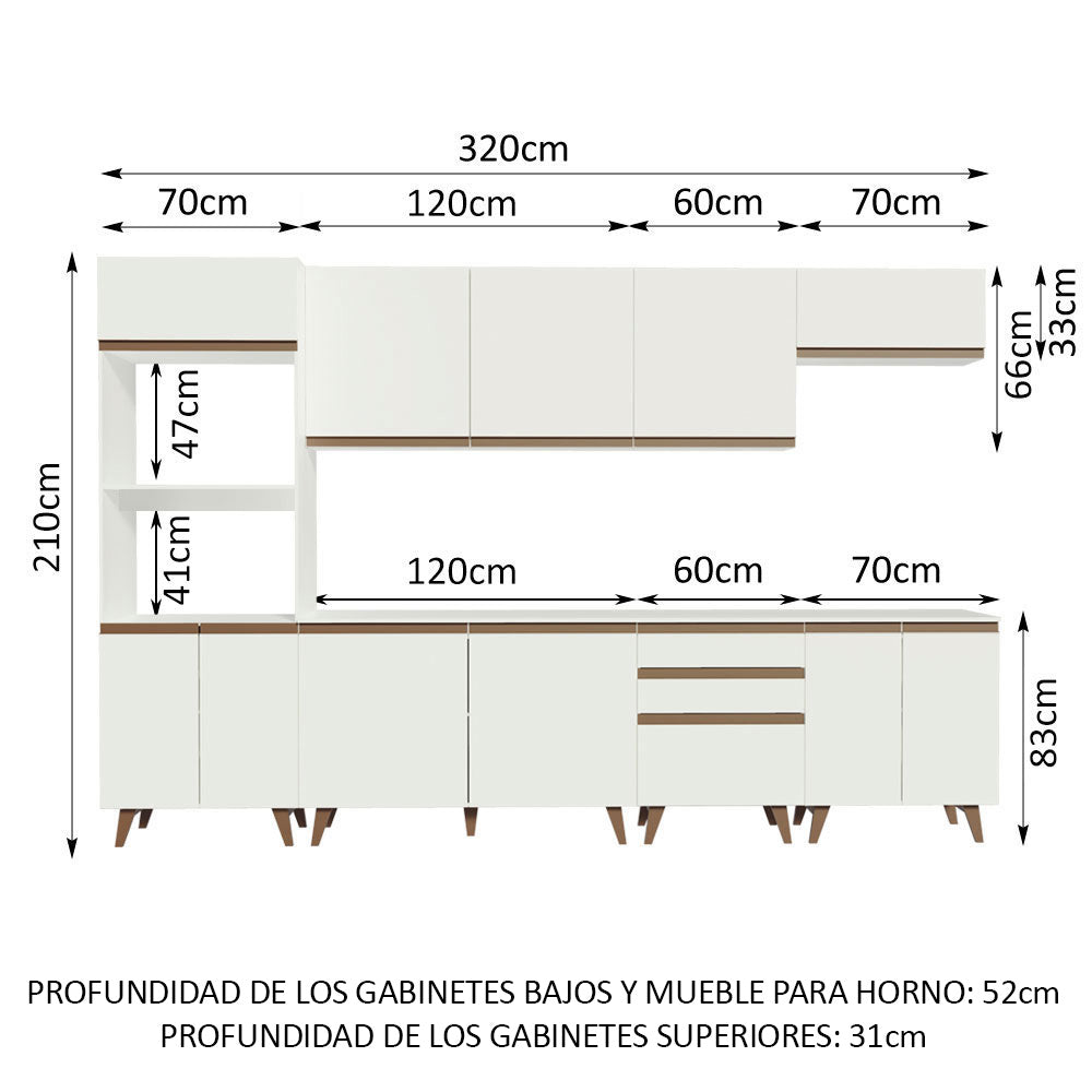 Cocina Integral 320 x 52 cm 11 Puertas 3 Cajones Con Mueble para Horno Blanco Reims Madesa