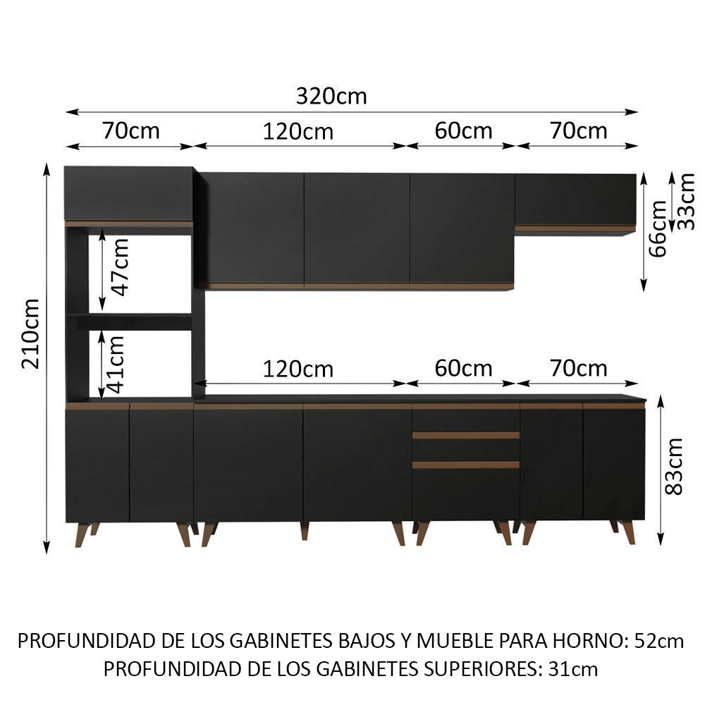 Cocina Integral 320 x 52 cm 11 Puertas 3 Cajones Con Mueble para Horno Negro Reims Madesa