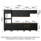 Cocina Integral 320 x 52 cm 11 Puertas 3 Cajones Con Mueble para Horno Negro Reims Madesa