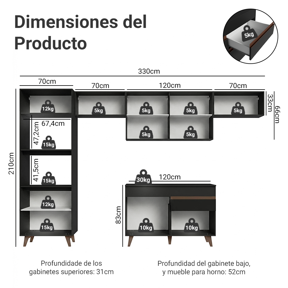 Cocina Integral 330 cm Con Mueble para Horno Negro Reims Madesa
