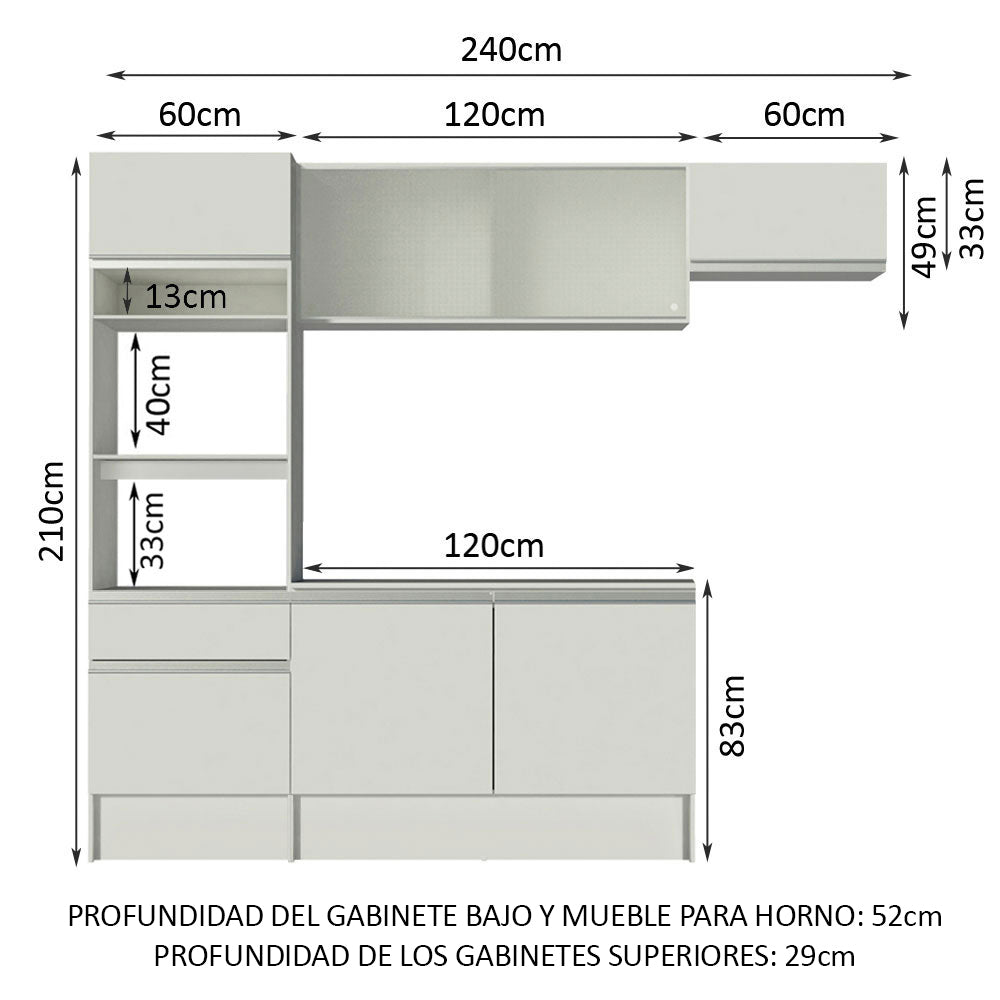 Cocina Integral 240 x 52 cm 7 Puertas 1 Cajón Con Mueble para Horno Blanco Topázio Madesa