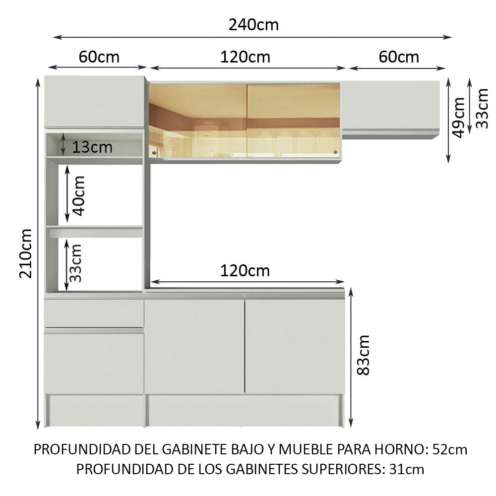 Cocina Integral 240 cm Con Mueble para Horno Blanco Topázio Madesa