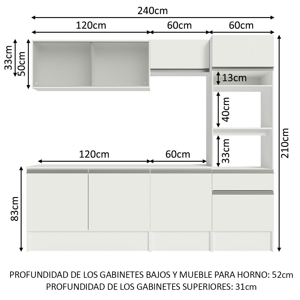 Cocina Integral 240 x 52 cm 8 Puertas 1 Cajón Con Mueble para Horno Blanco Topázio Madesa 05