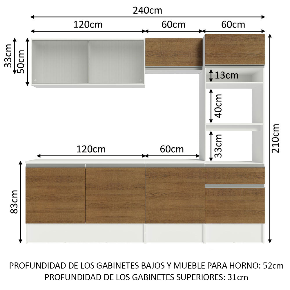 Cocina Integral 240 x 52 cm 8 Puertas 1 Cajón Con Mueble para Horno Blanco/Marrón Topázio Madesa 05