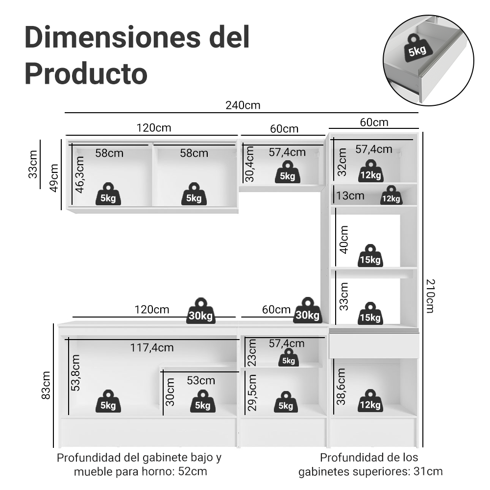 Cocina Integral 240 cm Con Mueble para Horno Blanco Topázio Madesa