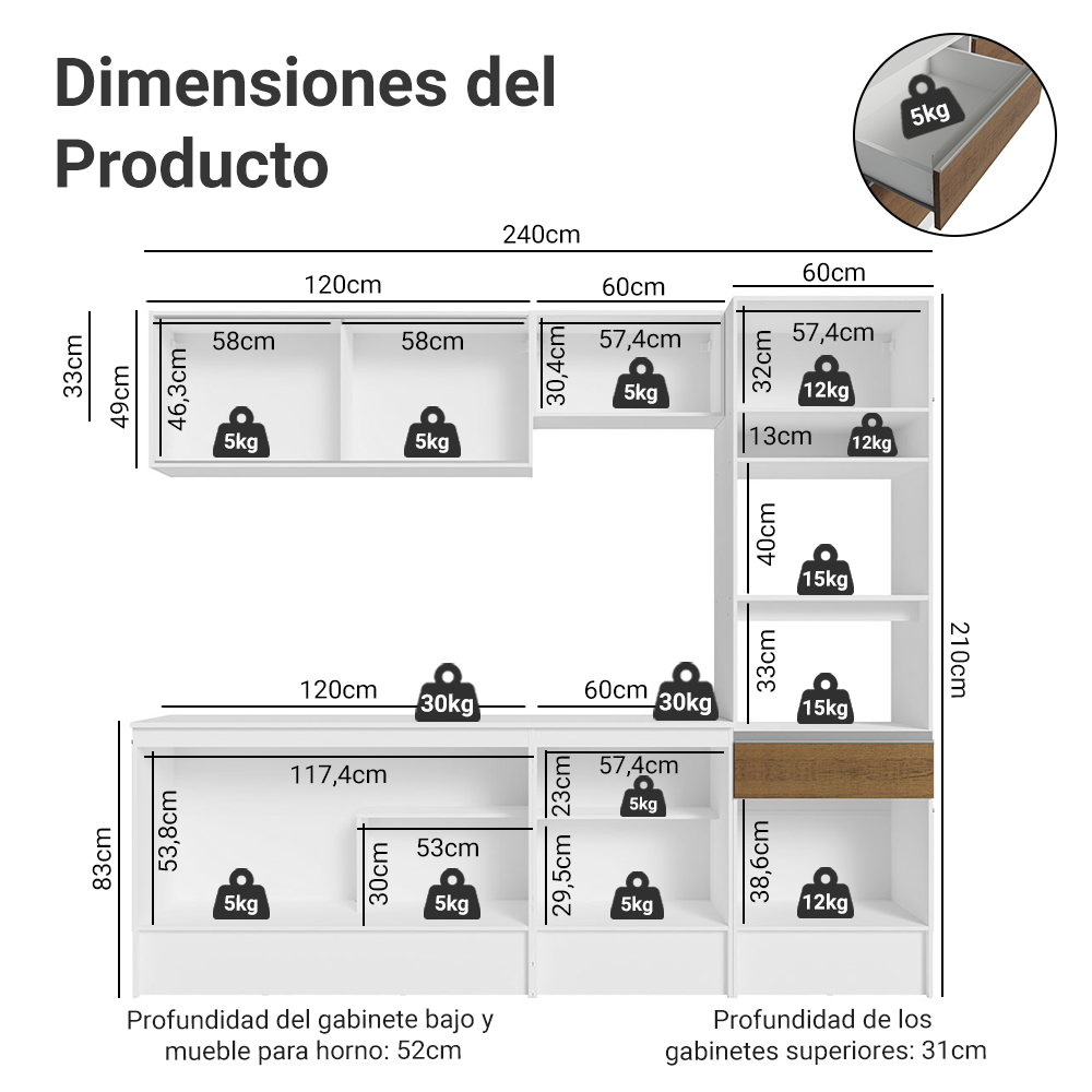 Cocina Integral 240 cm Con Mueble para Horno Blanco/Marrón Topázio Madesa