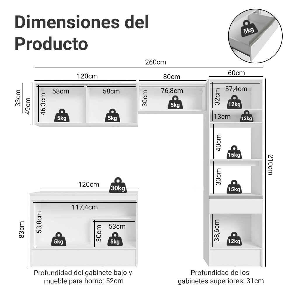 Cocina Integral 260 cm Con Mueble para Horno Blanco Topázio Madesa