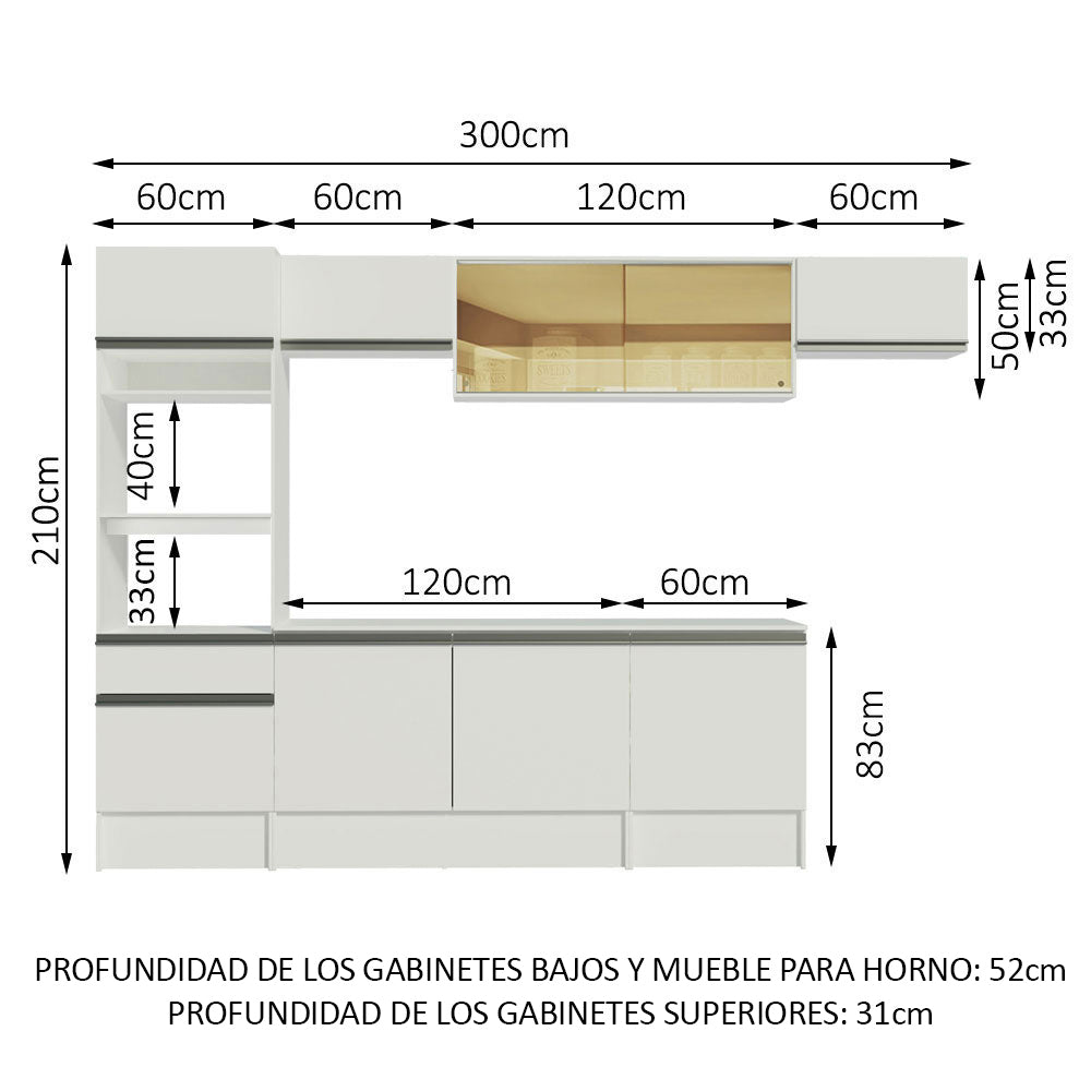 Cocina Integral 300 x 52 cm 9 Puertas 1 Cajón Con Mueble para Horno Blanco Topázio Madesa 02