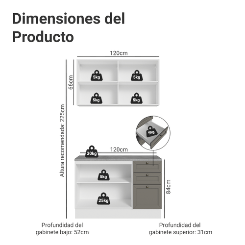 Cocina Compacta 120 cm Blanco/Gris Vik Madesa