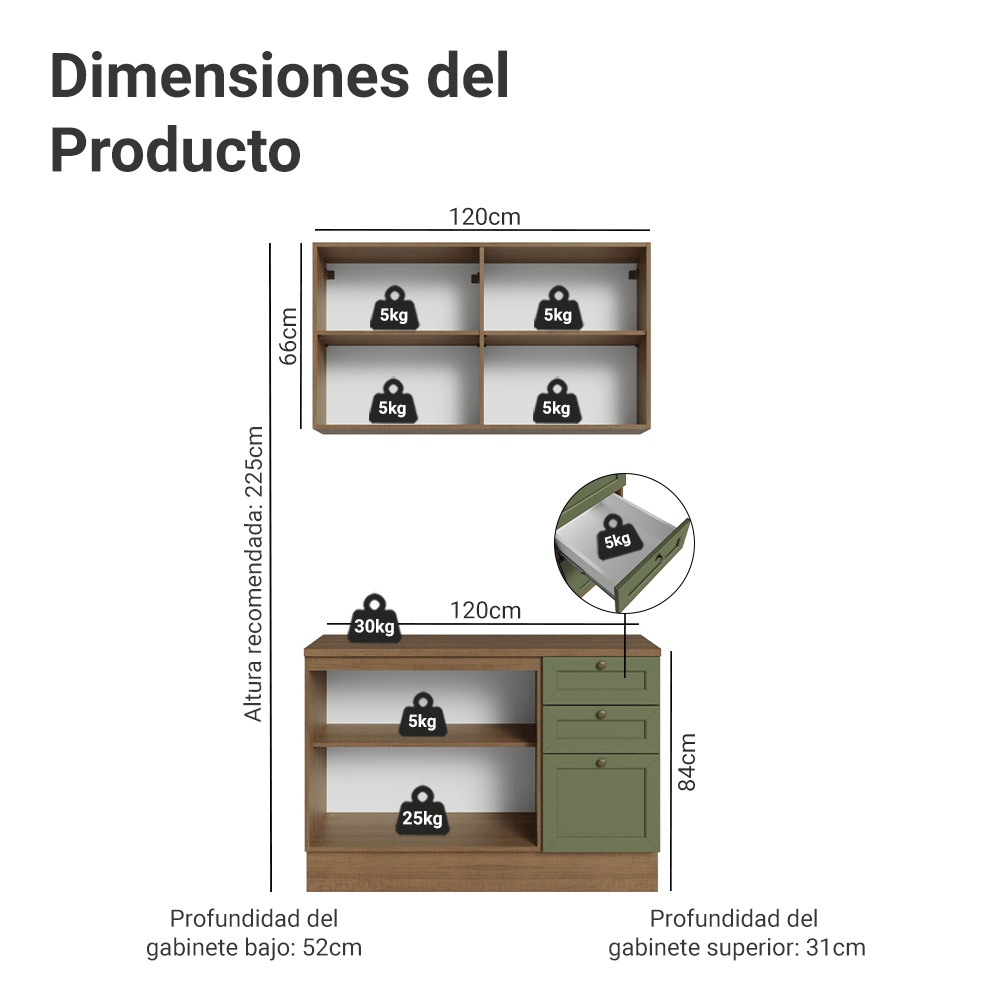 Cocina Integral 120 cm Marrón/Verde Vik Madesa 01
